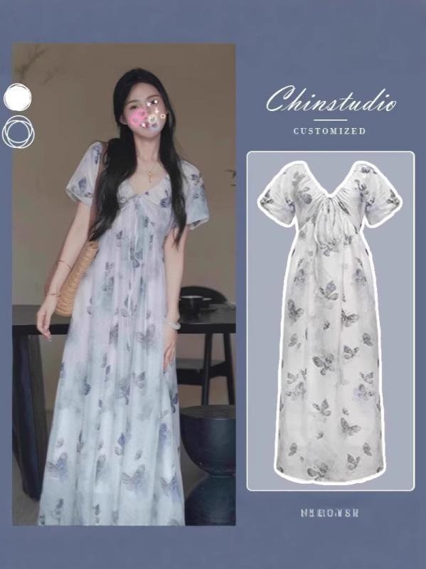 ワンピース レディース マタニティワンピース Vネック 花柄 Aライン ゆったり 妊娠服 産前 産後 蝶柄 ポリエステル 長袖 ミモレ丈 ひざ下丈 清新 かわいい