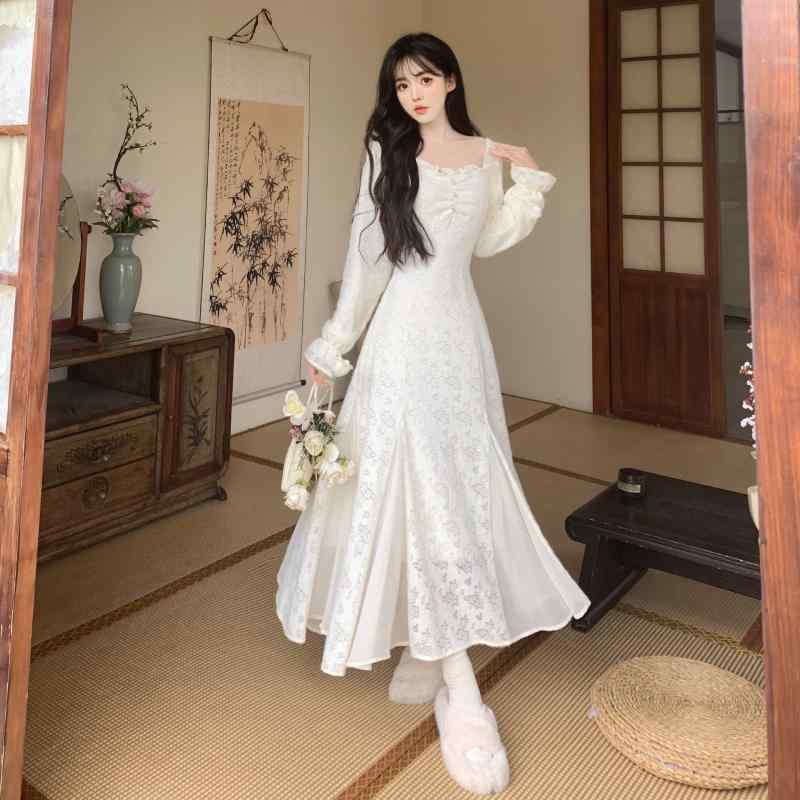 ワンピース レディース 大きいサイズ フレンチガーリー Aライン 長袖 膝下丈 きれいめ フェミニン 高見え 上品 ホワイト パーティー デート お呼ばれ