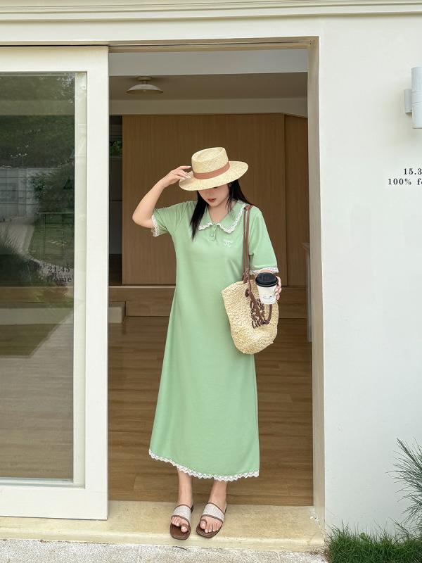 ワンピース レディース 大きいサイズ ゆったり Aライン 膝丈 ミモレ丈 POLOネック 半袖 夏 韓国風 カジュアル 普段使い 部屋着 コットン ブルー グリーン