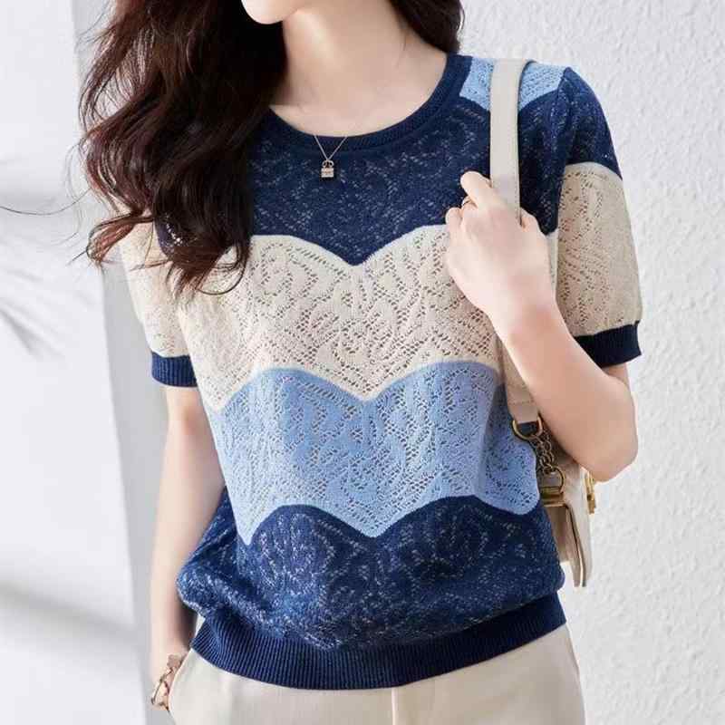 Tシャツ レディース 半袖 薄手 接触冷感 ニット ラウンドネック プルオーバー 切り替え 配色 ゆったり かわいい ブルー系 トップス