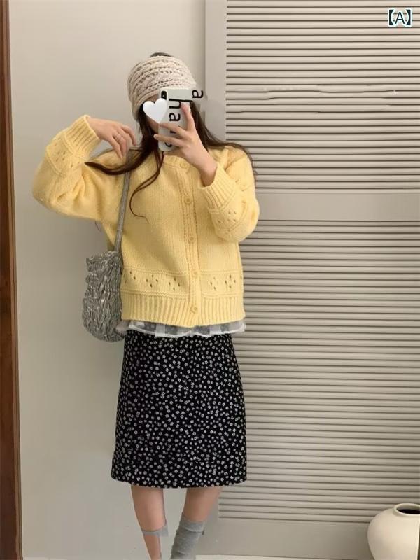 カーディガン レディース ニット 春秋 ラウンドネック 長袖 ショート丈 接触冷感 伸縮性 無地 ゆったり 普段使い かわいい イエロー グリーン アイボリー ピンク系