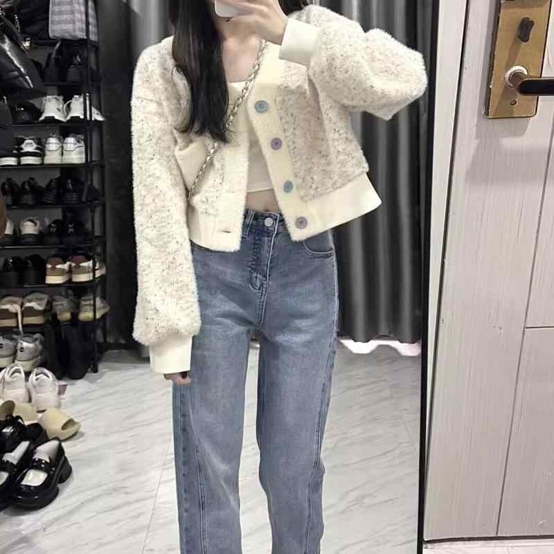 ニット カーディガン レディース Vネック 長袖 ショート丈 勾花編み ゆったり 粘性繊維 ミディアム ベージュ系 きれいめ かわいい オフィスカジュアル