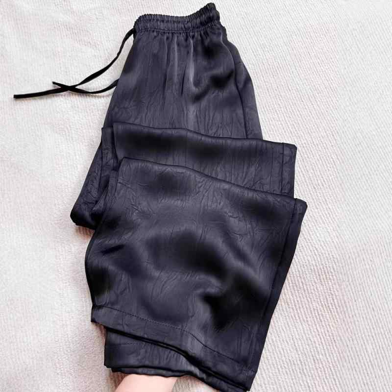 パンツ レディース 薄手 ポリエステル プレス加工 サテン ワイドレッグパンツ 高見え 接触冷感 無地 ブラック 春夏 カジュアル 韓国風