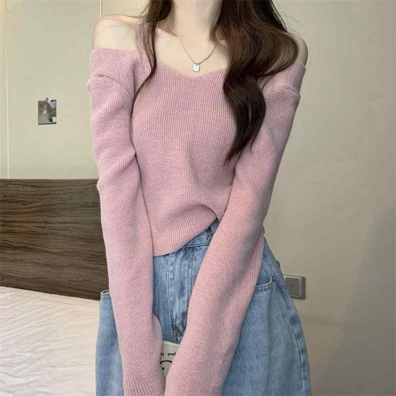 ニット レディース 長袖 肩出し Vネック セクシー かわいい 秋冬 プルオーバー トップス カットソー 接触冷感 伸縮性 修身 普段使い 部屋着 黒 ピンク系