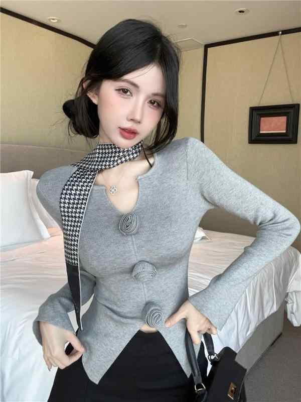ニット レディース 長袖 Vネック 立体花柄 春秋 薄手 スリムフィット プルオーバー トップス 接触冷感 グレー ブラック きれいめ かわいい 私服名媛