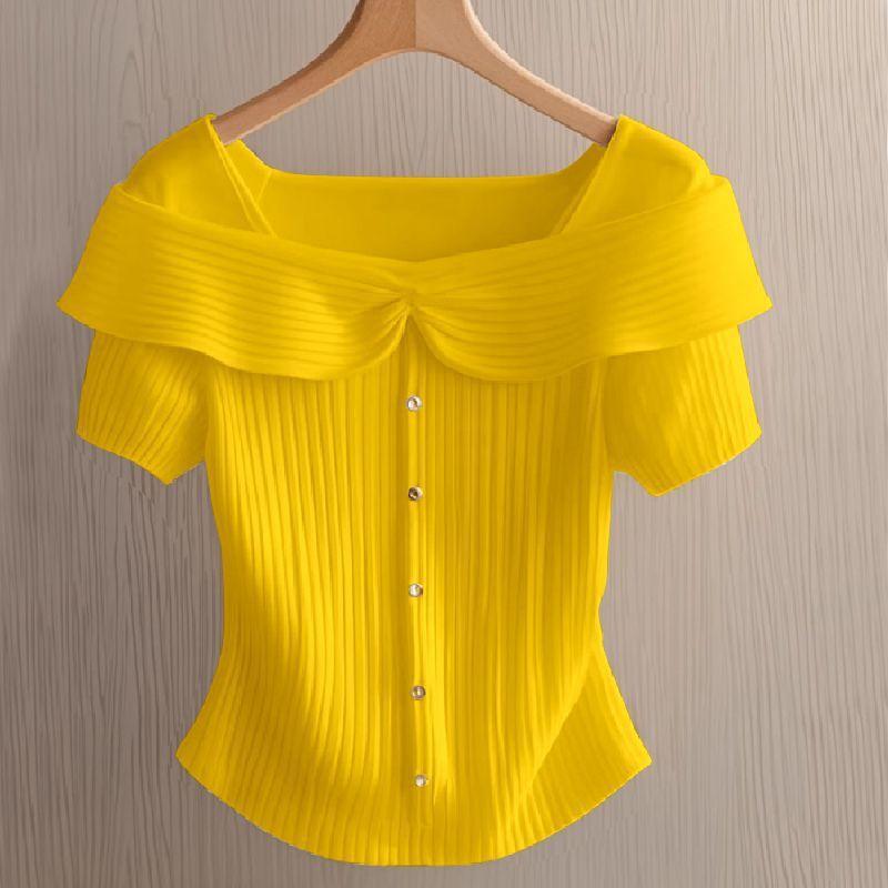 Tシャツ レディース 半袖 サマーニット トップス デザイン カットソー スリムフィット ショート丈 無地 イエロー レッド ホワイト ブルー 春夏