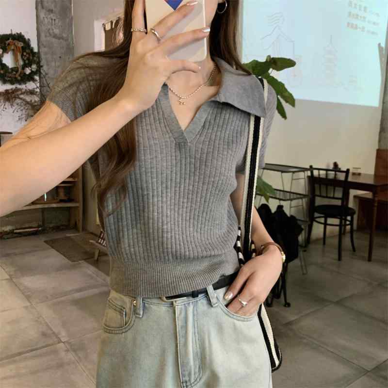 ポロシャツ レディース 薄手ニット トップス 半袖 春夏 肌理感 Tシャツ カットソー 接触冷感 プルオーバー 杏色 グレー