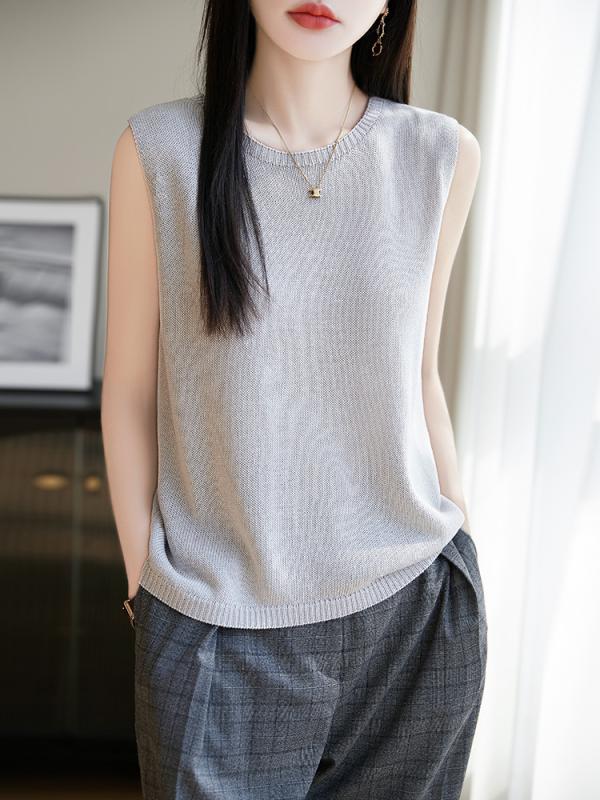 ニット レディース 麻混 ニットソー ノースリーブ トップス 春夏 薄手 接触冷感 プルオーバー ラウンドネック ゆったり M L XL XXL ホワイト ピンク系
