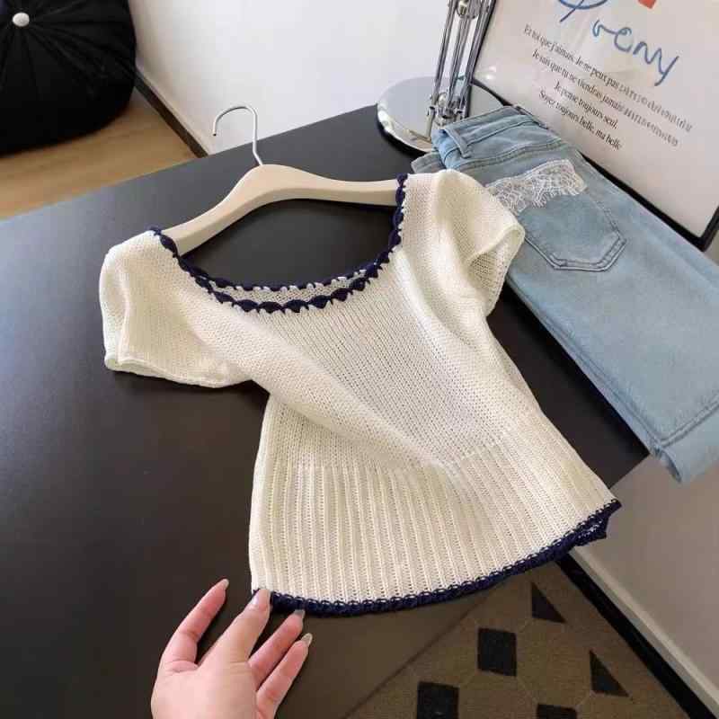 Tシャツ レディース 半袖 Uネック ポリエステル ニット ショート丈 スリムフィット トップス カットソー プリンセススリーブ 白