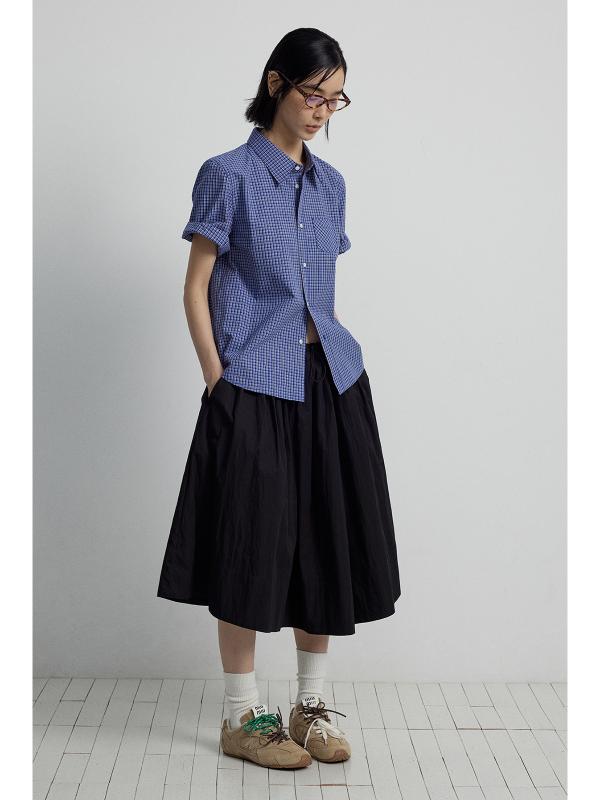 シャツ レディース 格子柄 コットン 半袖 スリム 翻 collar 襟 トップス ブルー ポケット付き ストリート カジュアル