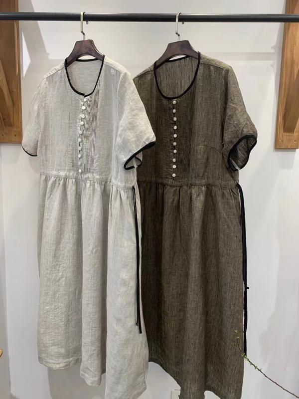 衣装 レディース A生産ライン 麻 リネン 半袖 ミモレ丈 膝下丈 無地 ゆったり 春夏 自然的 今めかしい 愛くるしげ 読みもの風 レトロ ギャザー