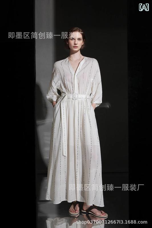 ワンピース レディース Vネック 亜麻 リネン ロング マキシ丈 ストライプ ゆったり 大きいサイズ ウエスト切り替え ギャザー フレア Aライン エレガント きれいめ おしゃれ かわいい 上品 ベージュ|Tanzan