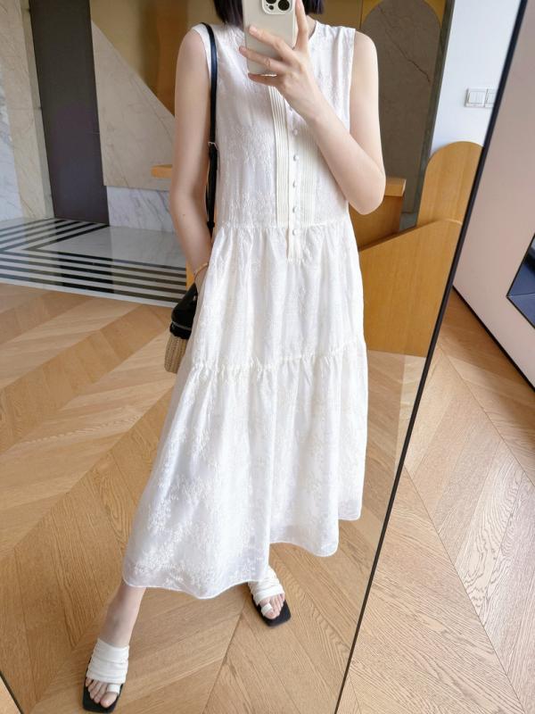 ワンピース レディース 夏 リゾート 高腰 ノースリーブ 刺・墸 花柄 亜麻 リネン 接触冷感 裏地付き チュニック Aラインスカート 香草色