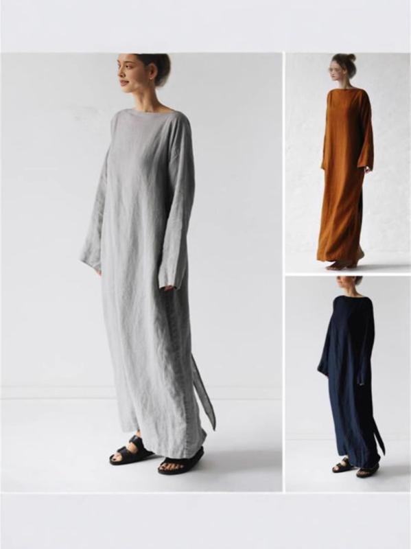 ワンピース レディース 長袖 コットンリネン ゆったり Aライン 無地 紺 グレー コーヒー色 日系 仙女 かわいい ナチュラル 春夏 秋冬 大人のリラックス おしゃれ着 普段使い