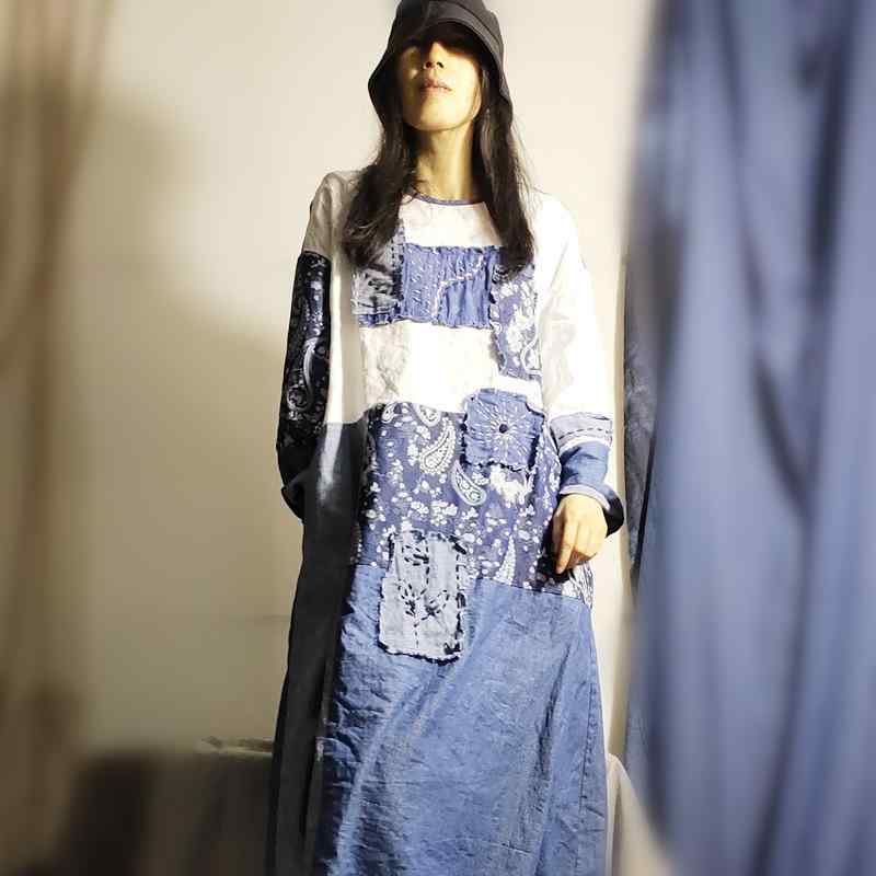 衣装 レディース 春夏秋用 ゆったり ジーンズ 大判刷り上げる 国風 レトロ アジアン ロング丈 上衣 青色 リネン うつり変わり 手刺しゅう 9分袖 ラウンドのど首 ギャザー A伝達ルート レディースファッション-ワンピース