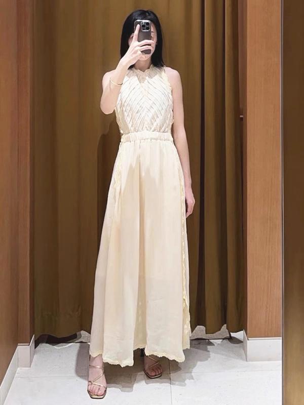 ワンピース レディース 春夏 フレンチ 花柄 レース 切り替え 麻混 Aライン ノースリーブ ロング丈 高腰 イエロー|Tanzan