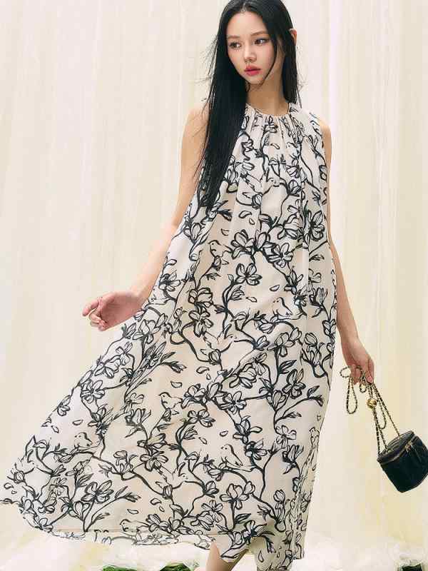 ワンピース レディース 春夏 ノースリーブ Aライン ロング丈 リネンブレンド ゆったり 高見え 黒 白 プリント 柄 リゾート|Tanzan
