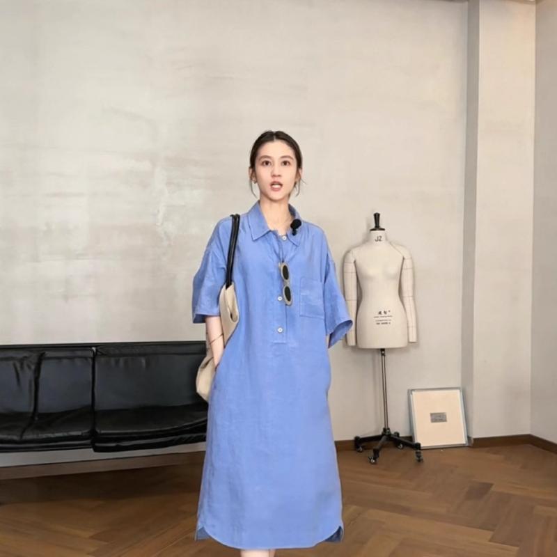 ワンピース レディース 小柄 麻 POLOネック 半袖 膝丈 ポケット 切り替え チュニック 春夏 ブラック ブルー