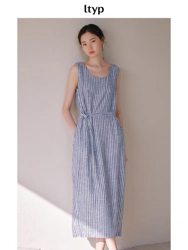 ワンピース レディース 亜麻 リネン ストライプ コクーン ノースリーブ ミモレ丈 ロング丈 ゆったり Aライン 春夏 薄手 文芸風 ナチュラル カジュアル 体系カバー｜Tanzan