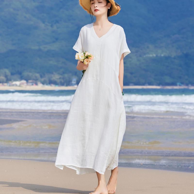 ワンピース レディース 亜麻 リネン Vネック 半袖 Aライン ミモレ丈 白 無地 ゆったり リラックス カジュアル 春夏