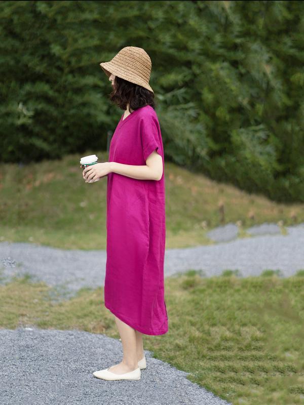 衣装 レディース 麻 リネン 半袖 Vのど首 膝丈 MIDI丈 ゆったり ?松 お部屋お召しもの お部屋着 心地よい たまり場 春夏 パープル サクラ色系