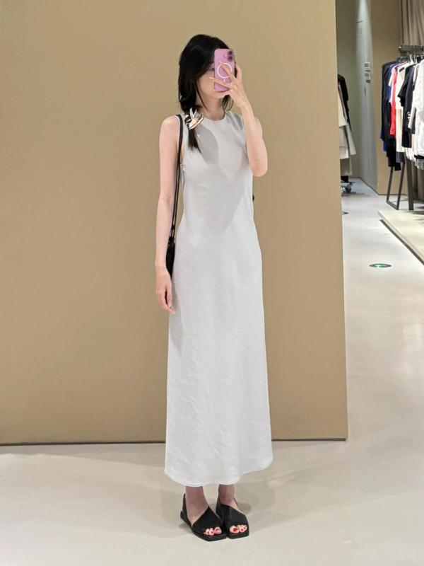 ワンピース レディース 亜麻 リネン Aライン ノースリーブ ミモレ丈 ロング 無地 スチールブルー 青 ラウンドネック 通勤 エレガント 7,892円