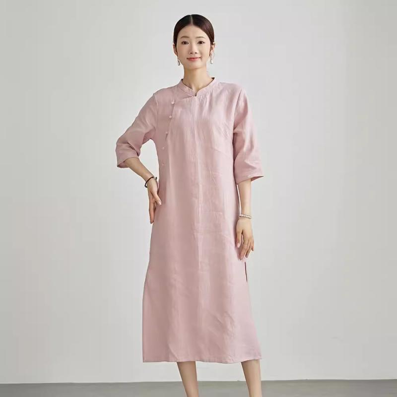 ワンピース レディース チャイナドレス リネン 半袖 ミモレ丈 レトロ Aライン 旧粉 文芸 ?古風|Tanzan