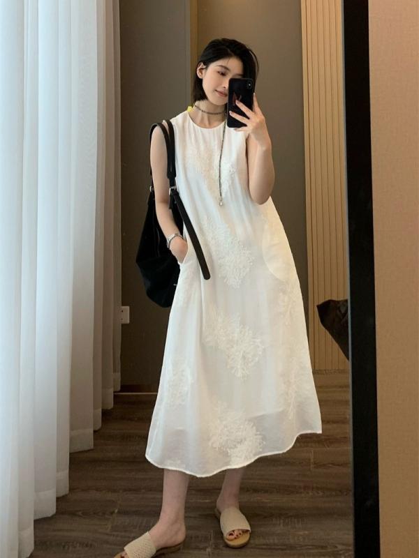 ワンピース レディース 新 中華風 刺繍 リネン Aライン ノースリーブ ロングワンピース ゆったりサイズ オフホワイト 和風 刺しゅう サマーワンピース