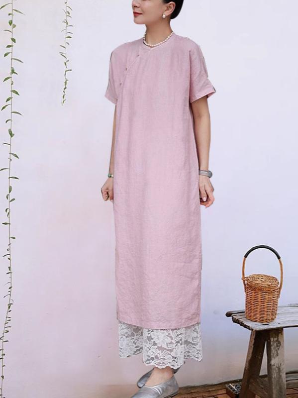 ワンピース レディース 春夏 リネン 立襟 半袖 チャイナドレス風 文芸風 レトロ 痩せ見え ピンク系｜Tanzan
