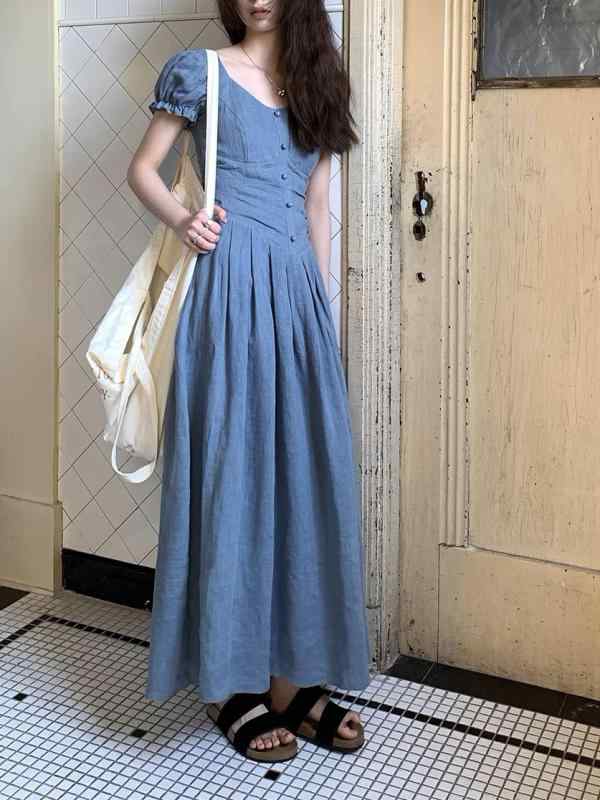 ワンピース レディース リネン 麻 高腰 半袖 ロングワンピース ブルー系 カジュアル 日韓風 切り替え
