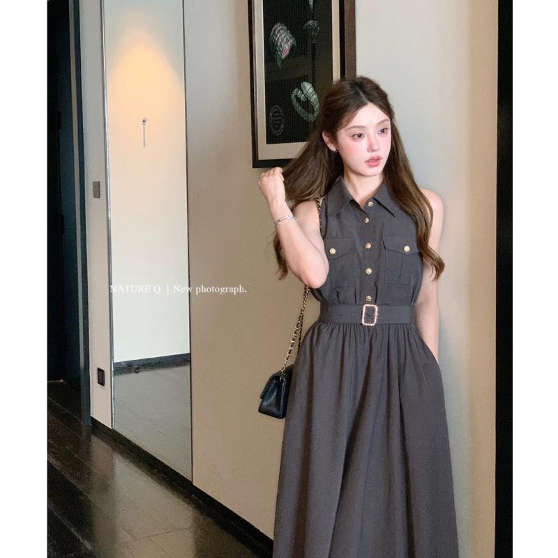 シャツワンピース レディース ノースリーブ Aライン ロング丈 ミモレ丈 亜麻 リヨセルブレンド 高見え 上品 きれいめ 通勤 オフィス