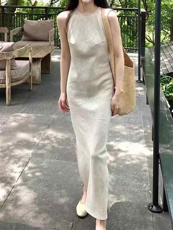 ワンピース レディース ノースリーブ ロング丈 リネンブレンド Aライン 春夏 韓国風 ゆったり きれいめ ナチュラル 高見え 日常着