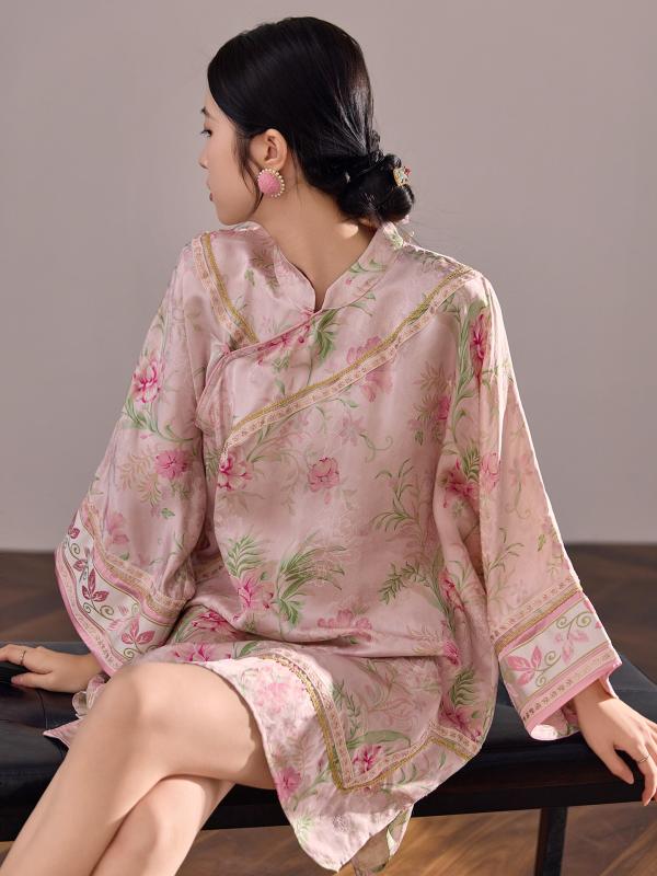 シャツ レディース チャイナ風 刺繍入り提花ブラウス ワンピース 春秋 長袖 ルーズフィット ピンク系 再生繊維|Tanzan