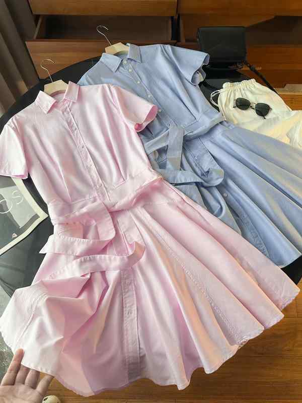 ワンピース レディース 半袖 POLO襟 ウエストベルト Aライン 綿 文芸復古 チャイナ風 ピンク系 ライトブルー S M L XL