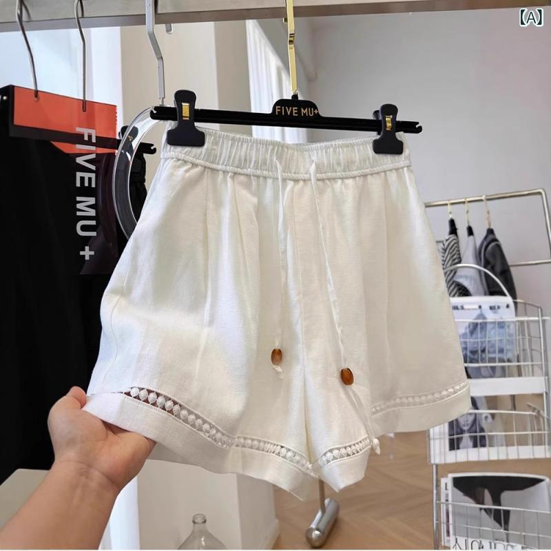 ショートパンツ レディース 亜麻 レース 花柄 切り替え ゴムウエスト Aライン ワイドレッグ ゆったり カジュアルパンツ ポリエステル 薄手 夏 ホワイト ブラック M L XL XXL XXXL 4XL