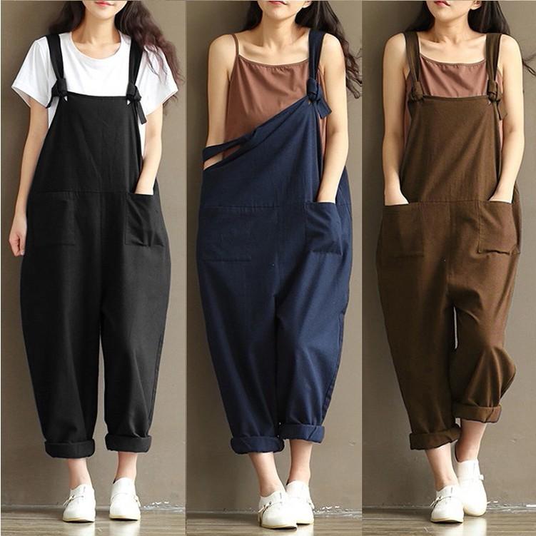 サロペット レディース 麻混紡 ワイドパンツ 高身長 ゆったり 春夏 9分丈 カジュアル 無地 黒