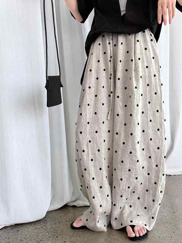 パンツ レディース リネンパンツ 刺・墸 ドット柄 ゴムウエスト ワイド 春夏 薄手 綿麻 高腰 ゆったり 普段使い リラックス