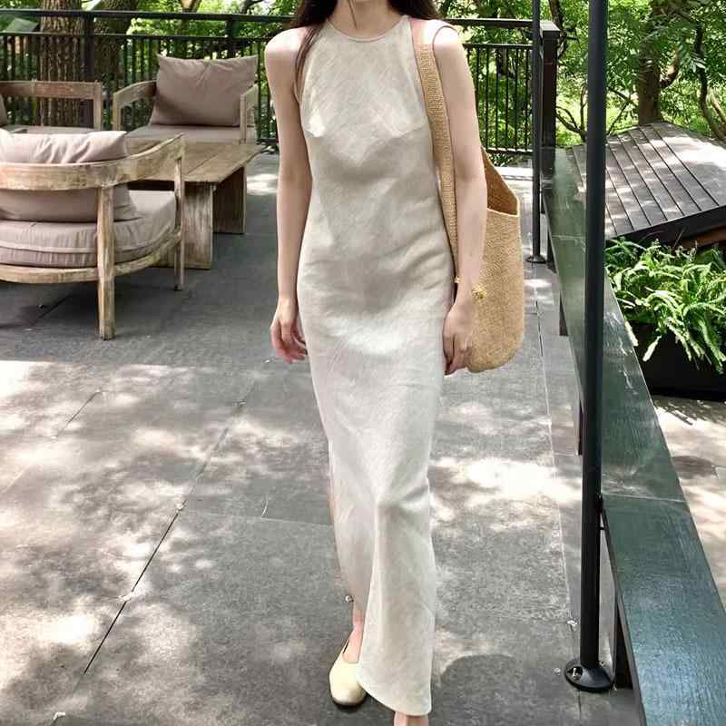 ワンピース レディース 麻 リネン ノースリーブ ロングワンピース ナチュラル 膝下丈 無地 アースカラー 接触冷感 吸湿速乾 通勤 普段使い 春夏｜Tanzan