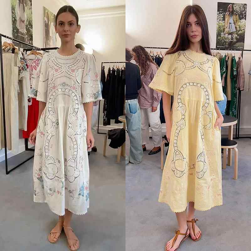ワンピース レディース 春夏 半袖 Aライン 膝丈 花柄 刺繍 コットン リネン ラウンドネック チュニック ゆったり かわいい 白 黄色