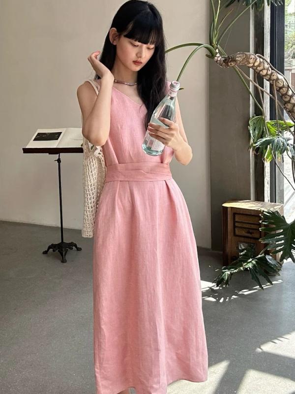 衣裳 レディース ノースリーブ リネン さくら色系 A伝達ルート ロング衣裳 ゆったり 当たること冷感 普段使い走り 御洒落 桔梗柄 塩系