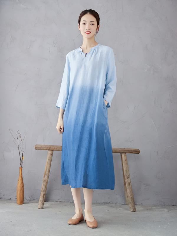 衣装 レディース 麻 リネン A生産ライン Vのど首 7分袖 膝丈 ミモレ丈 ?松 春夏 レトロ 青色 青 吊り染め グラデーション
