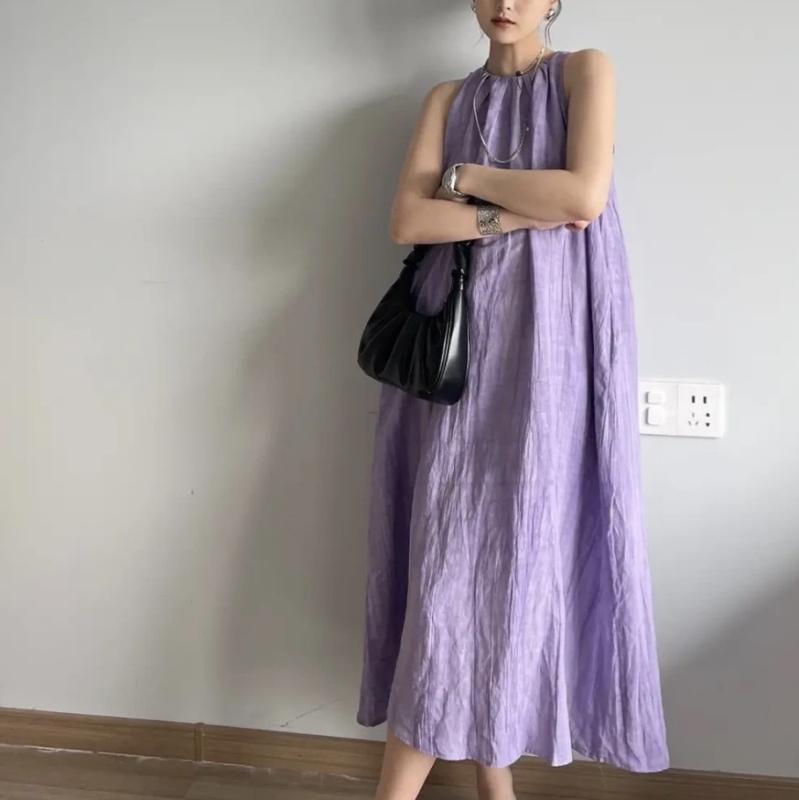 ワンピース レディース リネン ノースリーブ ロング丈 ミモレ丈 パープル 紫 亜麻 リラックス カジュアル