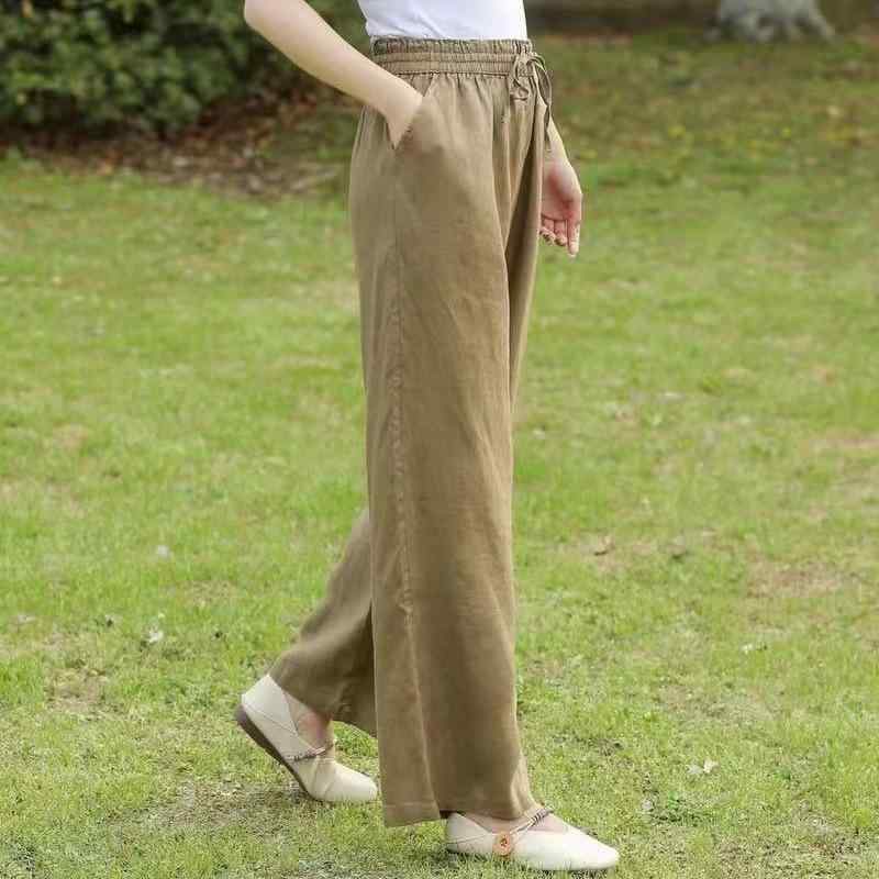 パンツ レディース 亜麻 リネン ワイドレッグパンツ カジュアル 無地 ?松 ゆったり 高腰 ゴムウエスト ポケット付き ブラック 麻本色 カーキ M L XL 2XL 95 160斤