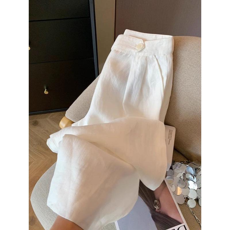 パンツ レディース 白色 麻 ワイドレッグパンツ 春夏 薄手 ハイウエスト 美脚効果 スタイルアップ ストレート 普段使い 通勤 リラックス リネン