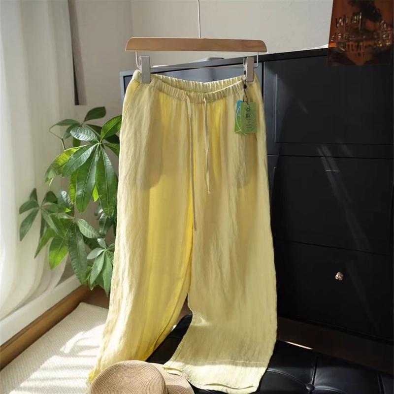 パンツ レディース 花柄 天竺 リネン ワイドパンツ ゆったり 薄手 ウエストゴム 9分丈 ミモザイエロー 通勤