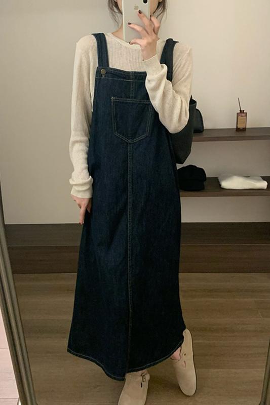ワンピース レディース 春夏 デニム サロペット ジャンパースカート ロング Aライン ゆったり 接触冷感 文芸復古風 普段使い 深青色 レトロブルー