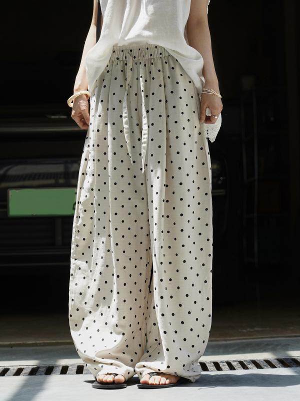 パンツ レディース 麻混紡 ゆったり ワイドレッグ イージーパンツ 水玉模様 ドット柄 高腰 粘性繊維 リネン カジュアル 黒 ブラック カーキ リラックス ルームウェア 部屋着
