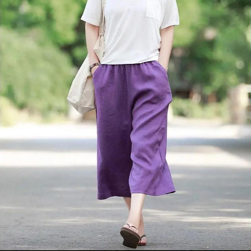 パンツ レディース 亜麻 リネン ワイドレッグパンツ ハイウエスト ゆったり 薄手 リラックス ストレート 7分丈 ホワイト カーキ イエロー グリーン ブラック ピンク パープル ベージュ キャメル デニムブルー オレンジレッド ネイビー
