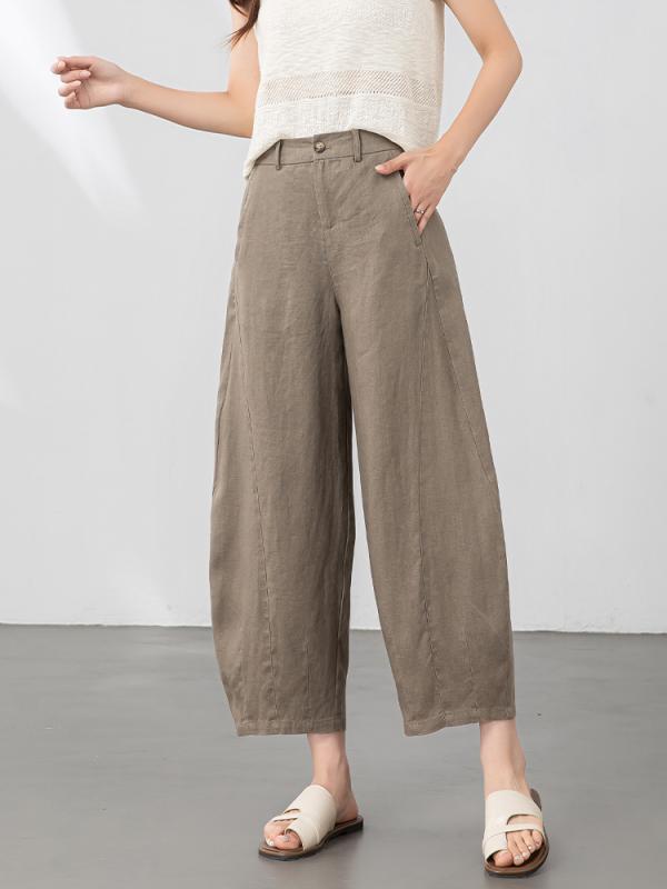 パンツ レディース 亜麻 リネン ワイドレッグパンツ ゆったり 9分丈 高見え リラックス カジュアル 薄手 ウエストゴム ポケット付き ハーレムパンツ 米白 葡萄紫 茶緑