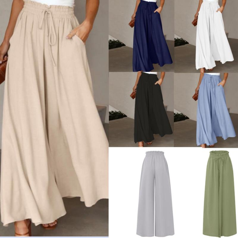 パンツ レディース 春夏 ワイドレッグパンツ 接触冷感 高腰 ゴムウエスト ゆったり 涼しい 長ズボン スラックス オフィス カジュアル きれいめ 通勤 無地 ポケット付き 紺 杏 ブルー 青 グレー 黒 白